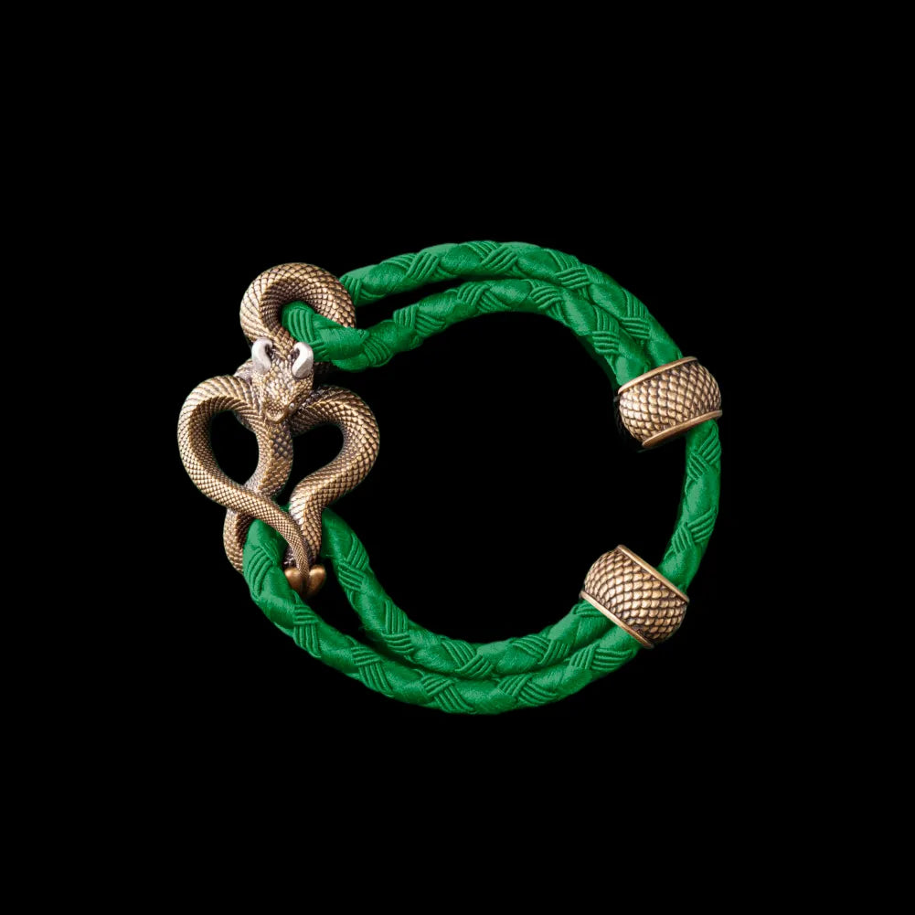 Demon Serpent Rope Bracelet Brass Ox Silver 4mm Braided Rope Green Black Background