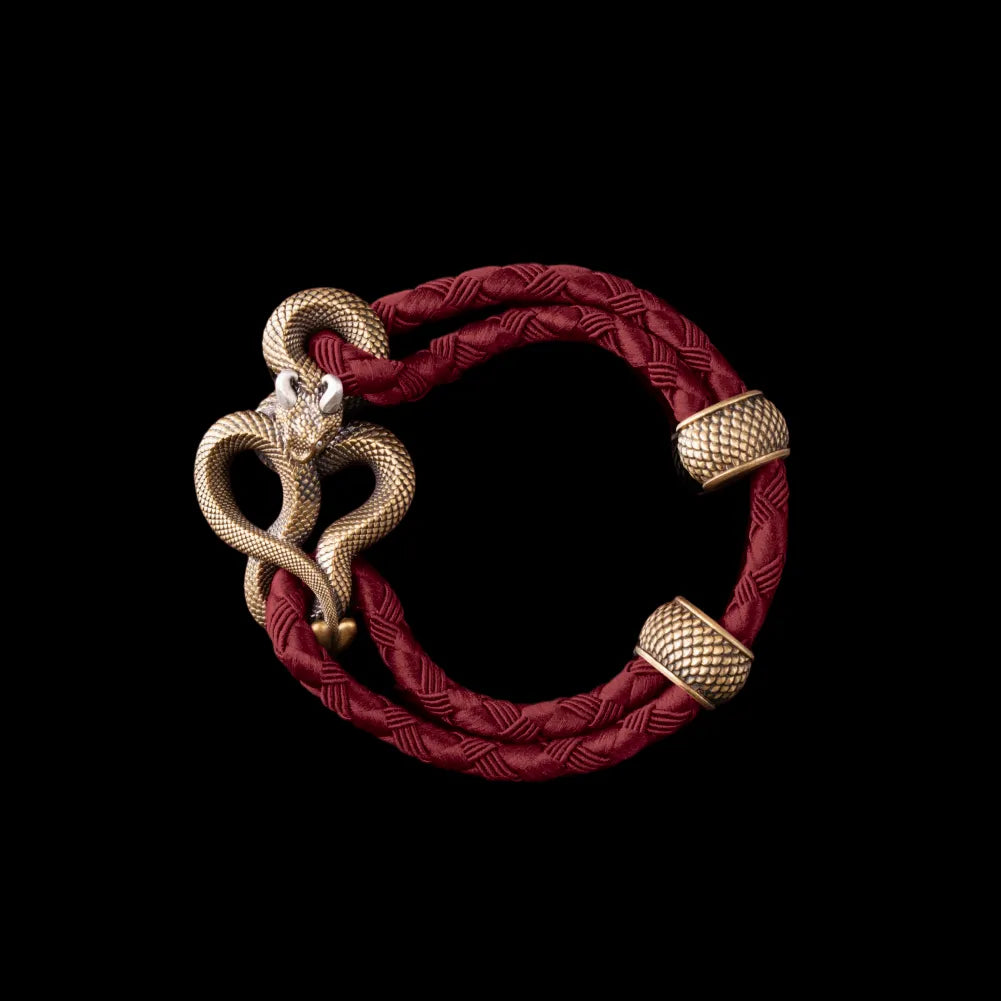 Demon Serpent Rope Bracelet Brass Ox Silver 4mm Braided Rope Jujube Red Black Background