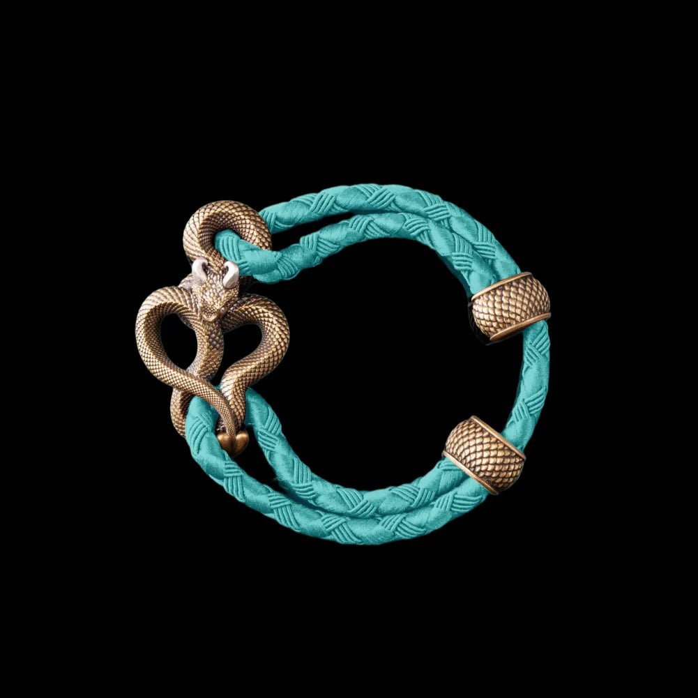 Demon Serpent Rope Bracelet Brass Ox Silver 4mm Braided Rope Light Blue Black Background