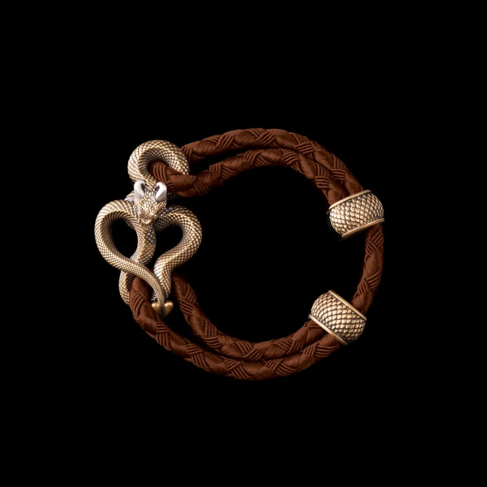 Demon Serpent Rope Bracelet Brass Ox Silver 4mm Braided Rope Light Brown Black Background