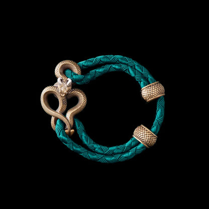 Demon Serpent Rope Bracelet Brass Ox Silver 4mm Braided Rope Light Ink Green Black Background