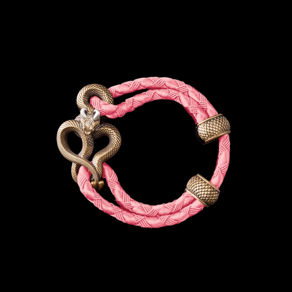 Demon Serpent Rope Bracelet Brass Ox Silver 4mm Braided Rope Light Pink Black Background