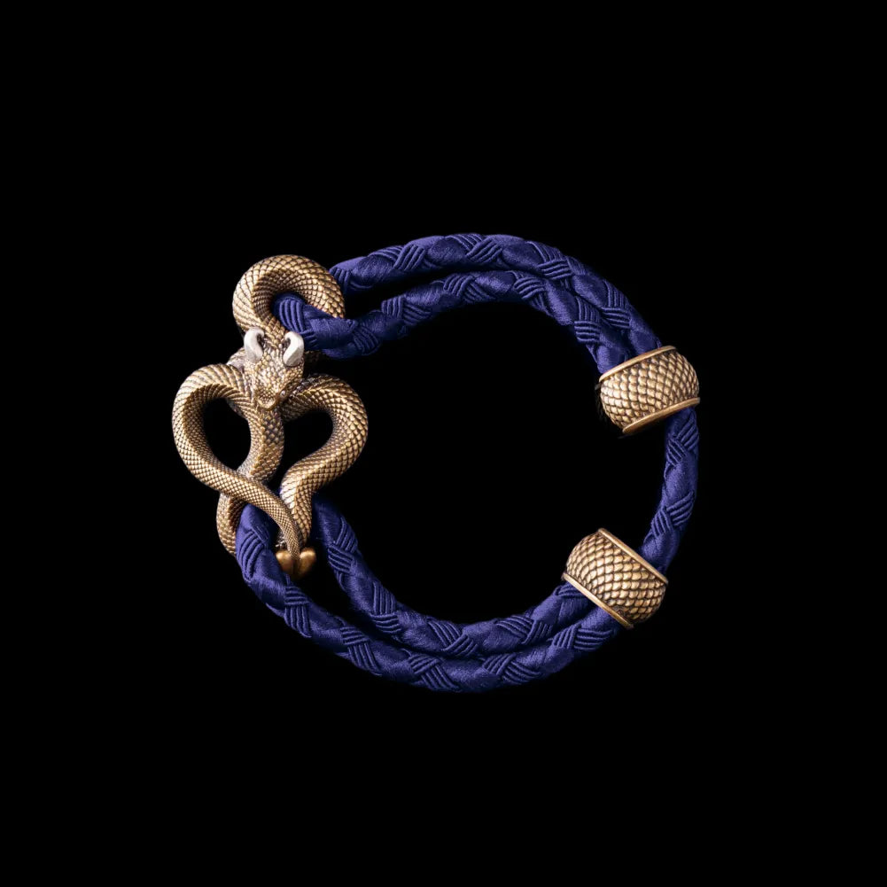 Demon Serpent Rope Bracelet Brass Ox Silver 4mm Braided Rope Vivid Blue Black Background