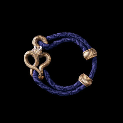 Demon Serpent Rope Bracelet Brass Ox Silver 4mm Braided Rope Vivid Blue Black Background