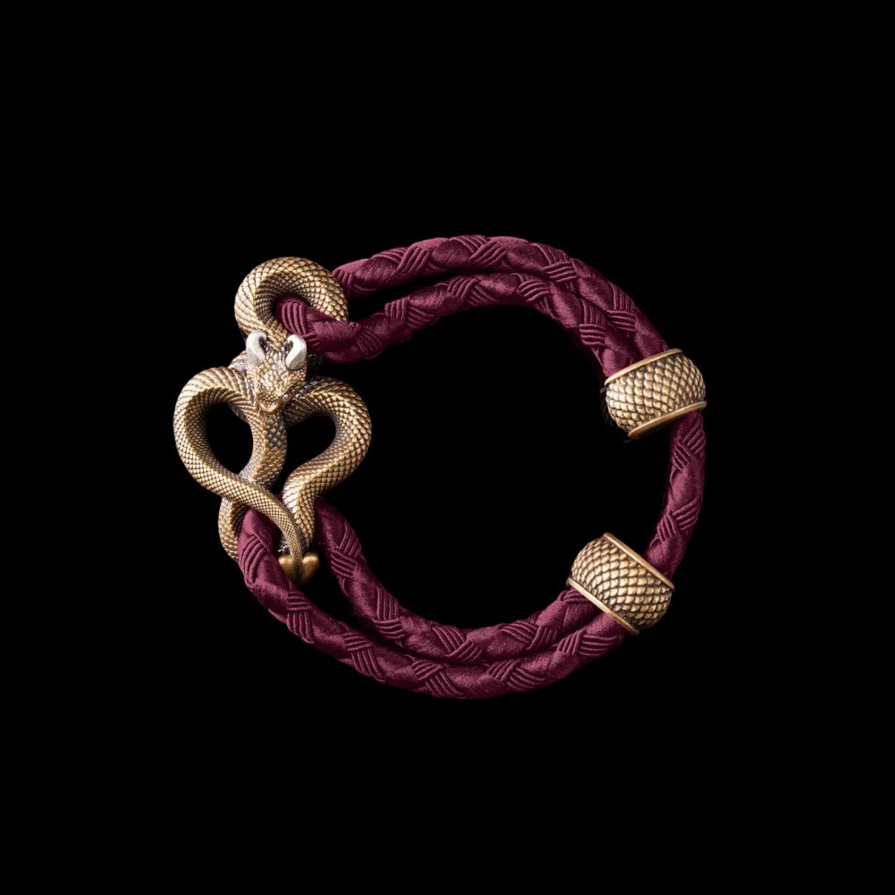 Demon Serpent Rope Bracelet Brass Ox Silver 4mm Braided Rope Wine Red Black Background