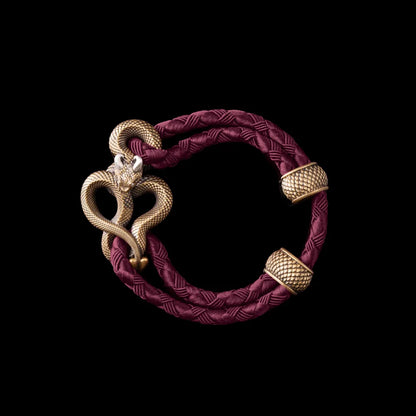 Demon Serpent Rope Bracelet Brass Ox Silver 4mm Braided Rope Wine Red Black Background