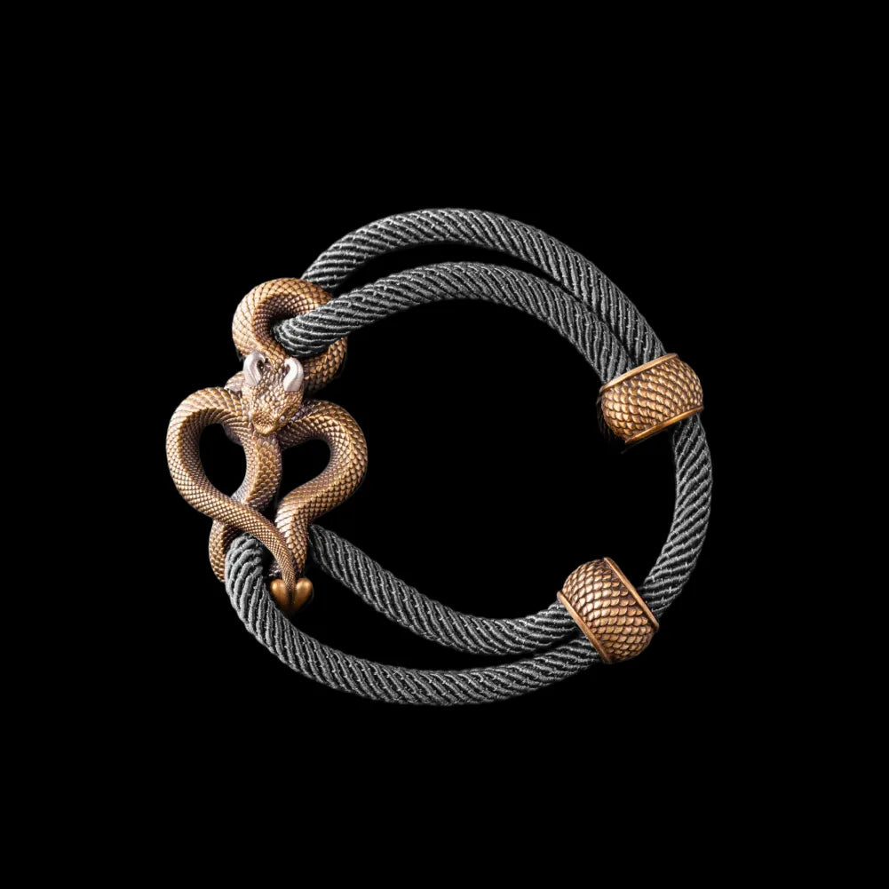 Demon Serpent Rope Bracelet Brass Ox Silver 4mm Milan Rope Gray Black Background