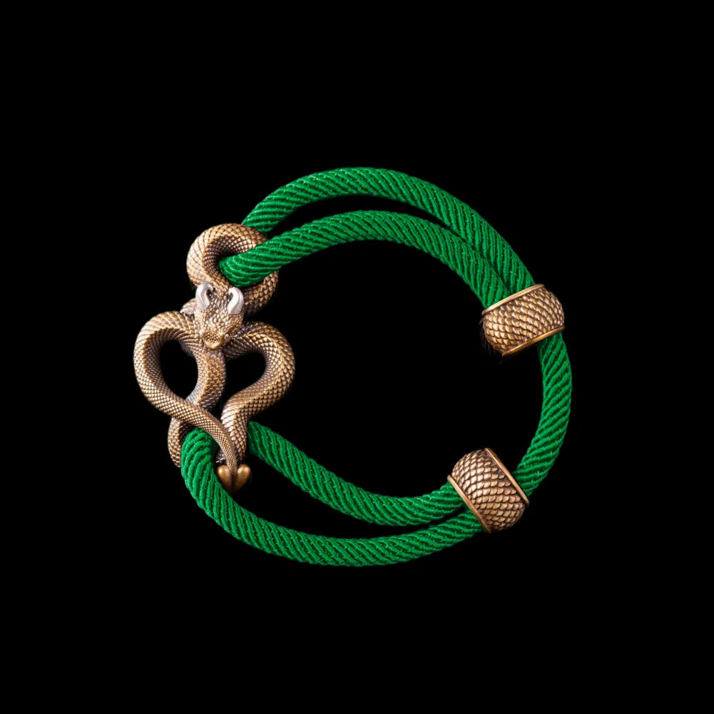 Demon Serpent Rope Bracelet Brass Ox Silver 4mm Milan Rope Green Black Background