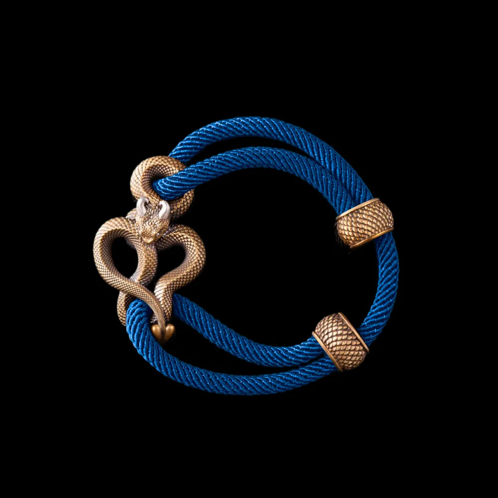 Demon Serpent Rope Bracelet Brass Ox Silver 4mm Milan Rope Indigo Black Background