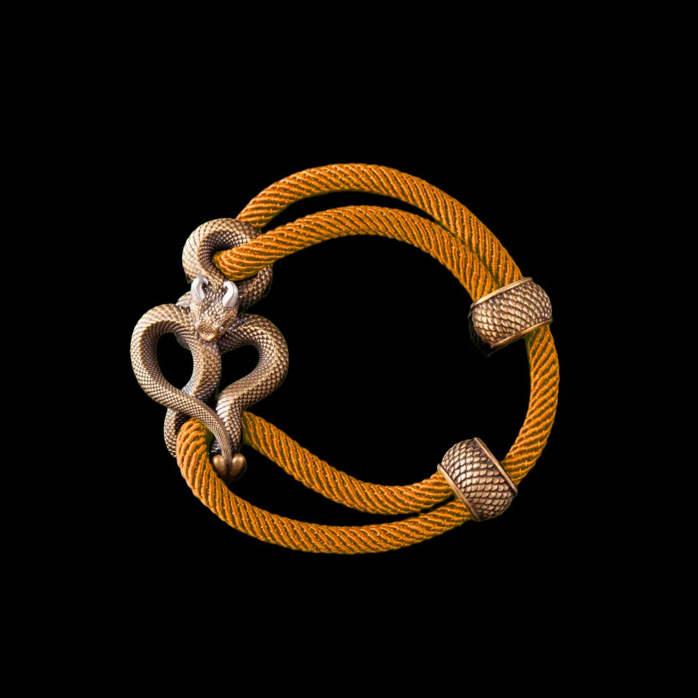 Demon Serpent Rope Bracelet Brass Ox Silver 4mm Milan Rope Ochre Black Background