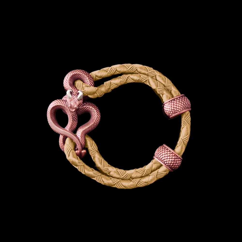 Demon Serpent Rope Bracelet Copper Oxidized Silver 4mm Braided Rope Beige Black Background