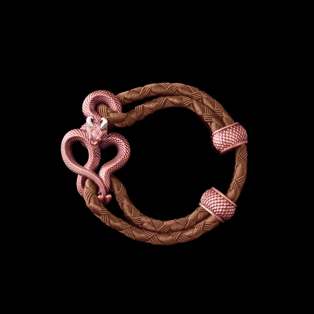 Demon Serpent Rope Bracelet Copper Oxidized Silver 4mm Braided Rope Dark Beige Black Background