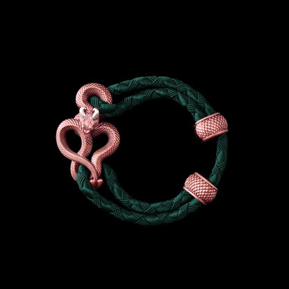 Demon Serpent Rope Bracelet Copper Oxidized Silver 4mm Braided Rope Dark Green Black Background