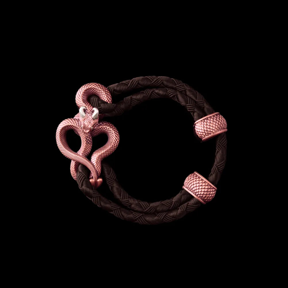 Demon Serpent Rope Bracelet Copper Oxidized Silver 4mm Braided Rope Deep Coffee Black Background