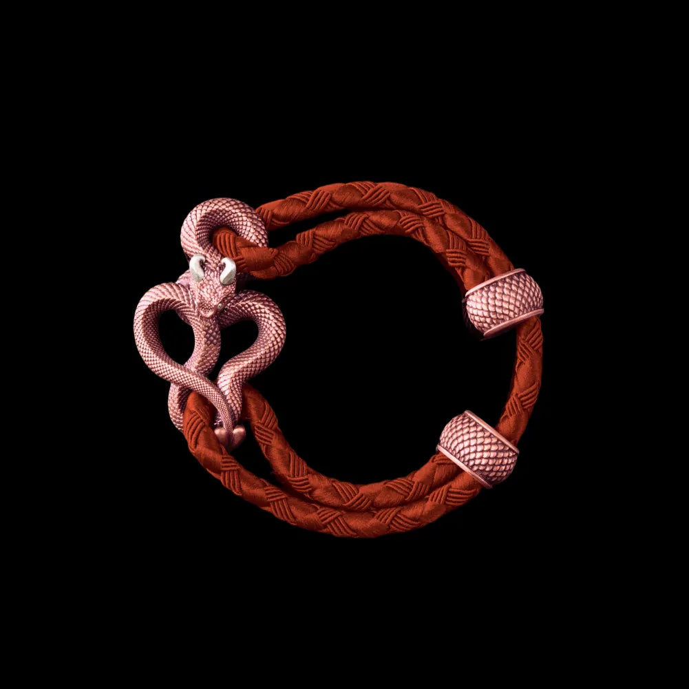 Demon Serpent Rope Bracelet Copper Oxidized Silver 4mm Braided Rope Deep Orange Black Background