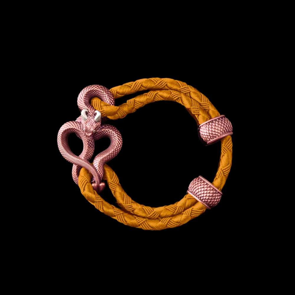Demon Serpent Rope Bracelet Copper Oxidized Silver 4mm Braided Rope Gold Black Background