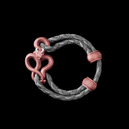 Demon Serpent Rope Bracelet Copper Oxidized Silver 4mm Braided Rope Gray Black Background
