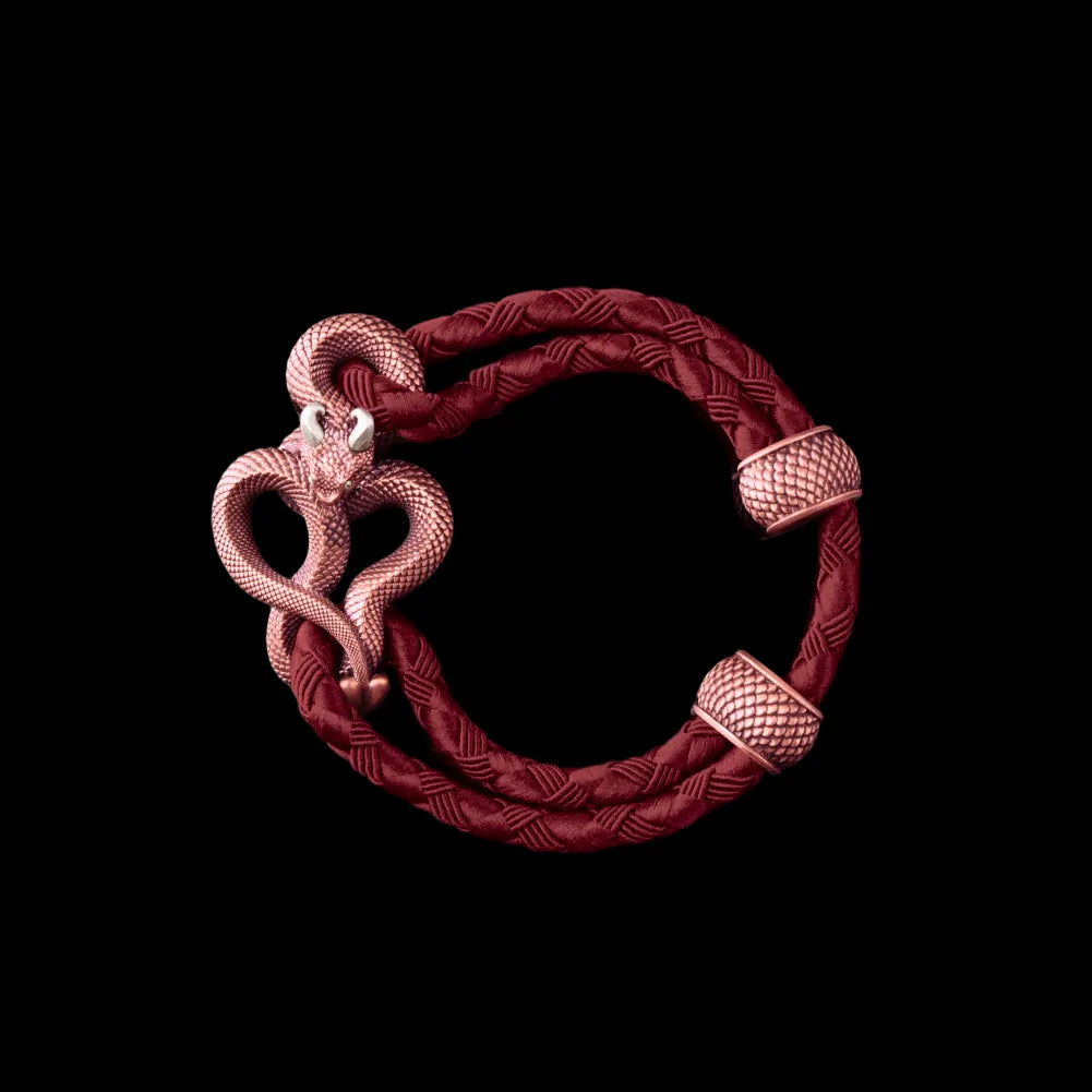 Demon Serpent Rope Bracelet Copper Oxidized Silver 4mm Braided Rope Jujube Red Black Background