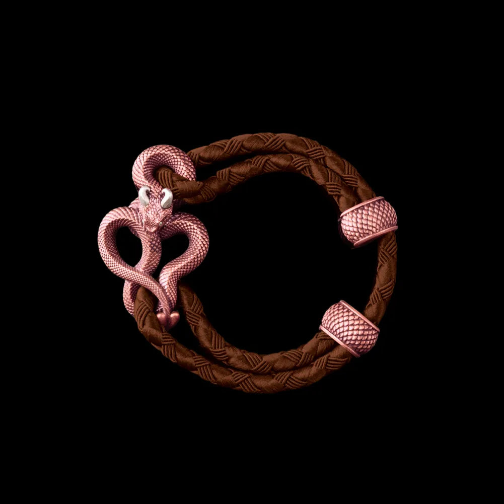 Demon Serpent Rope Bracelet Copper Oxidized Silver 4mm Braided Rope Light Brown Black Background