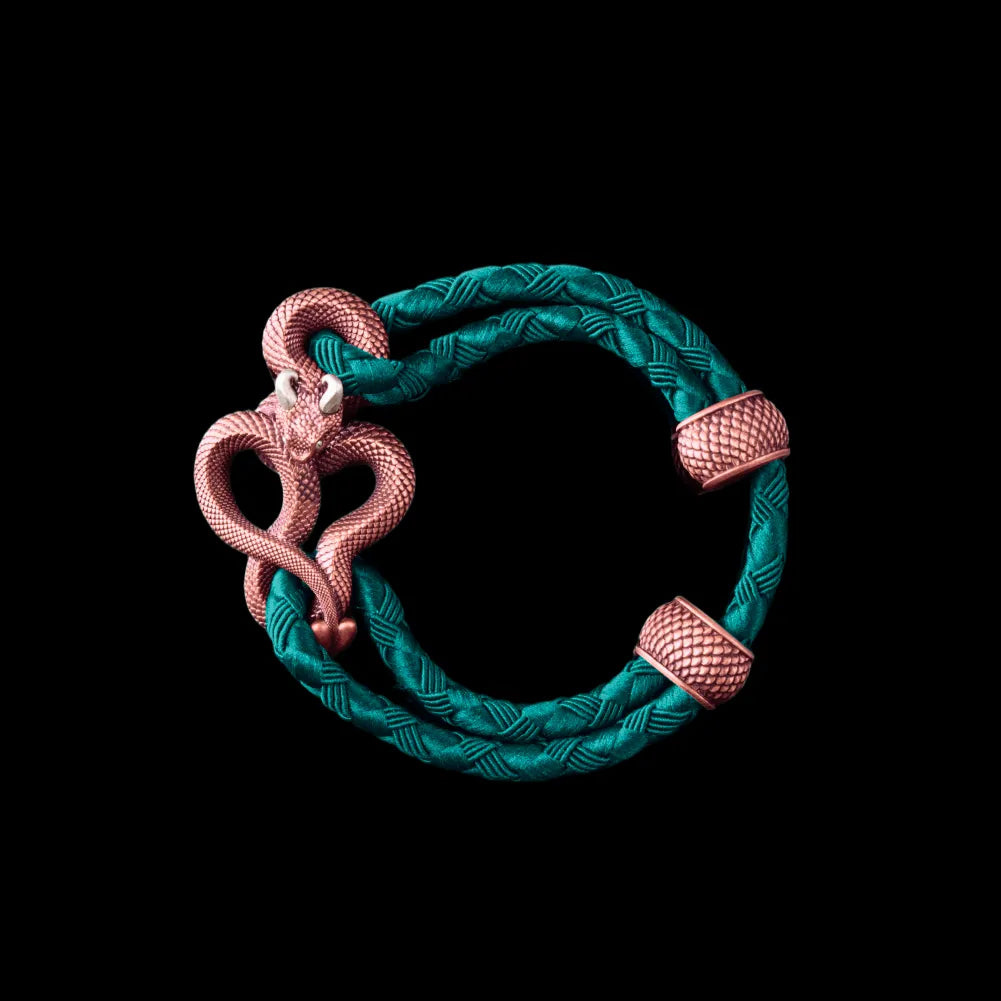Demon Serpent Rope Bracelet Copper Oxidized Silver 4mm Braided Rope Light Ink Green Black Background