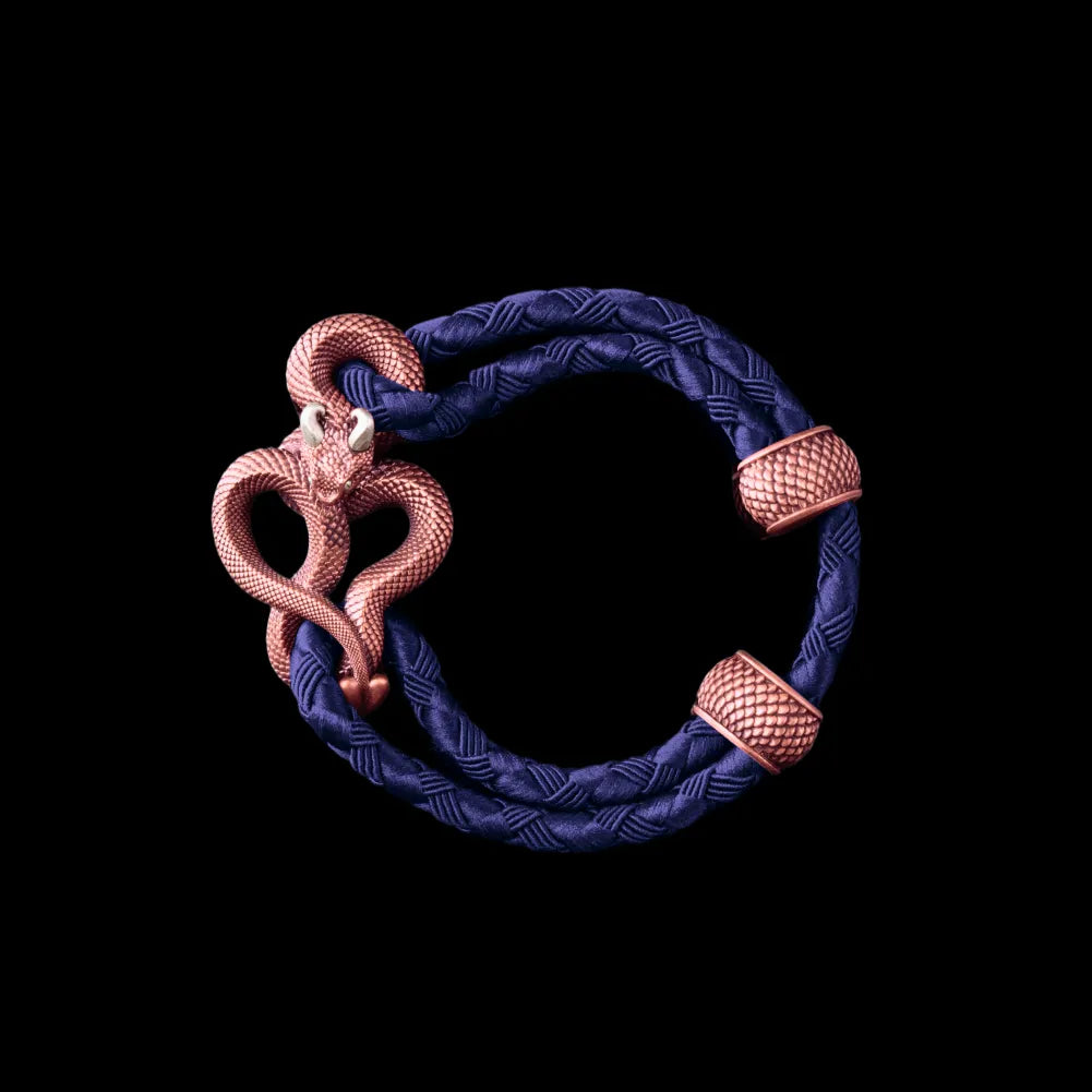 Demon Serpent Rope Bracelet Copper Oxidized Silver 4mm Braided Rope Vivid Blue Black Background