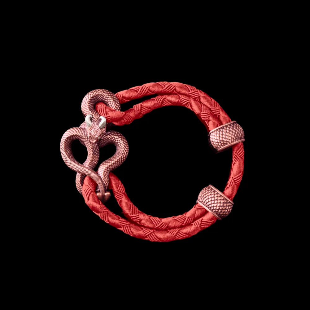 Demon Serpent Rope Bracelet Copper Oxidized Silver 4mm Braided Rope Watermelon Red Black Background