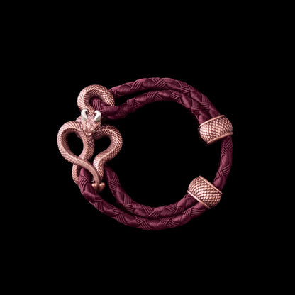 Demon Serpent Rope Bracelet Copper Oxidized Silver 4mm Braided Rope Wine Red Black Background