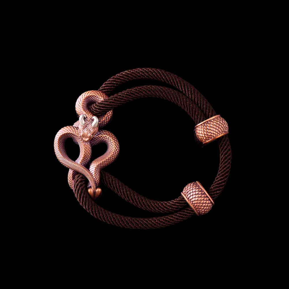 Demon Serpent Rope Bracelet Copper Oxidized Silver 4mm Milan Rope Coffee Black Background