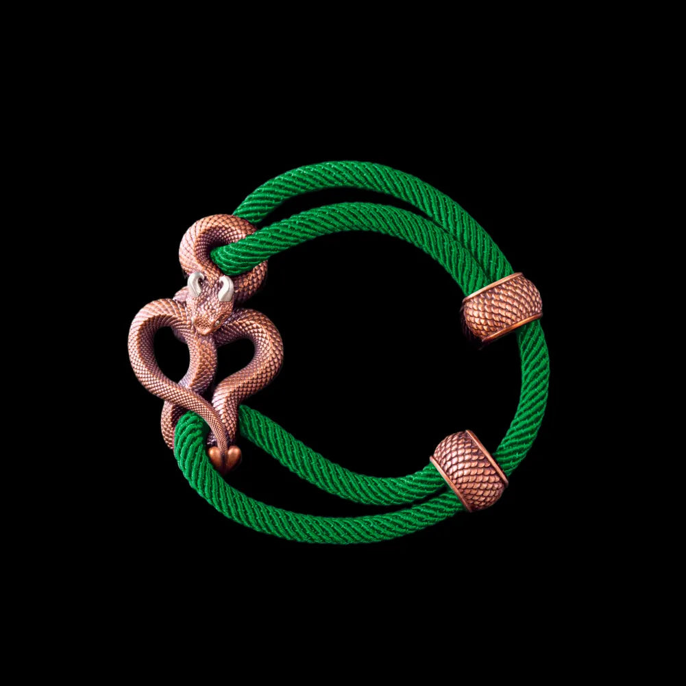 Demon Serpent Rope Bracelet Copper Oxidized Silver 4mm Milan Rope Green Black Background