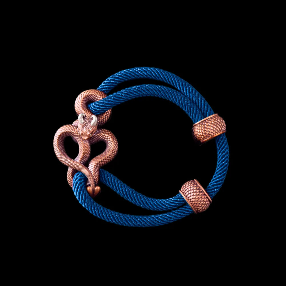 Demon Serpent Rope Bracelet Copper Oxidized Silver 4mm Milan Rope Indigo Black Background