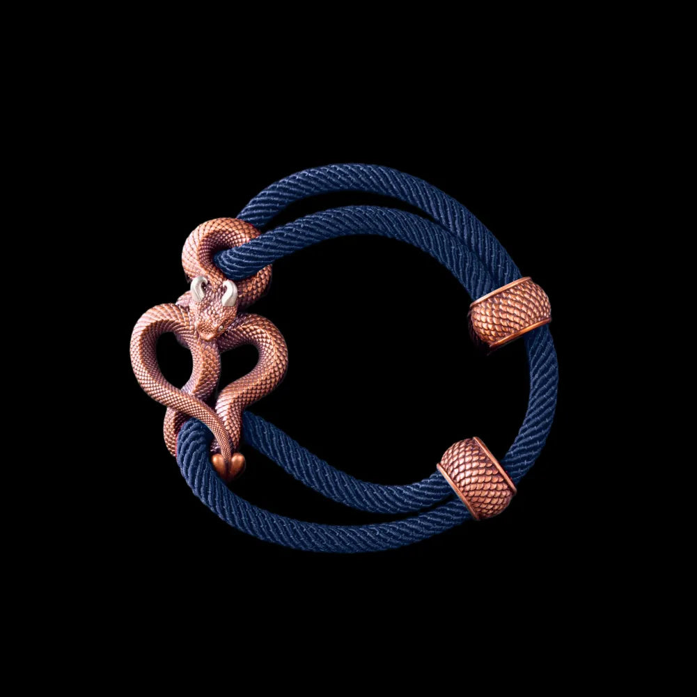 Demon Serpent Rope Bracelet Copper Oxidized Silver 4mm Milan Rope Navy Blue Black Background