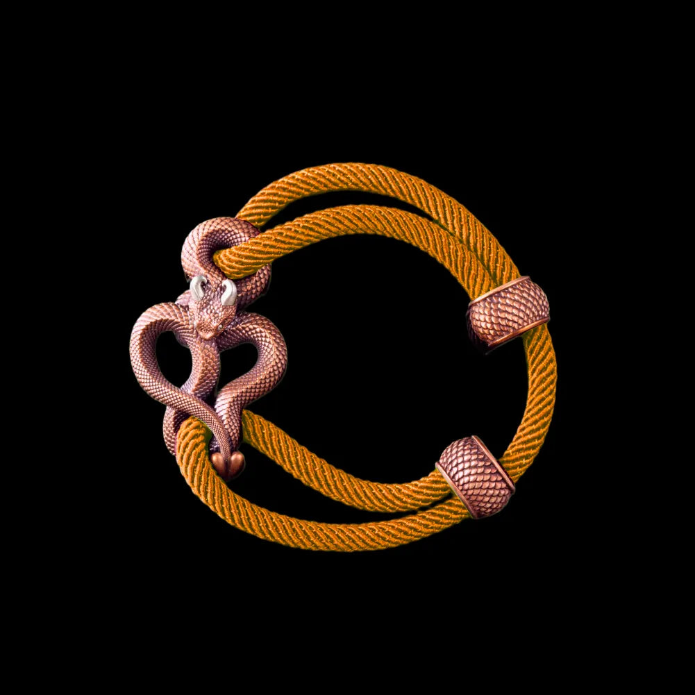 Demon Serpent Rope Bracelet Copper Oxidized Silver 4mm Milan Rope Ochre Black Background