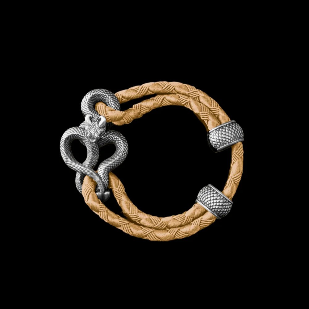Demon Serpent Rope Bracelet Oxidized Silver 4mm Braided Rope Beige Black Background