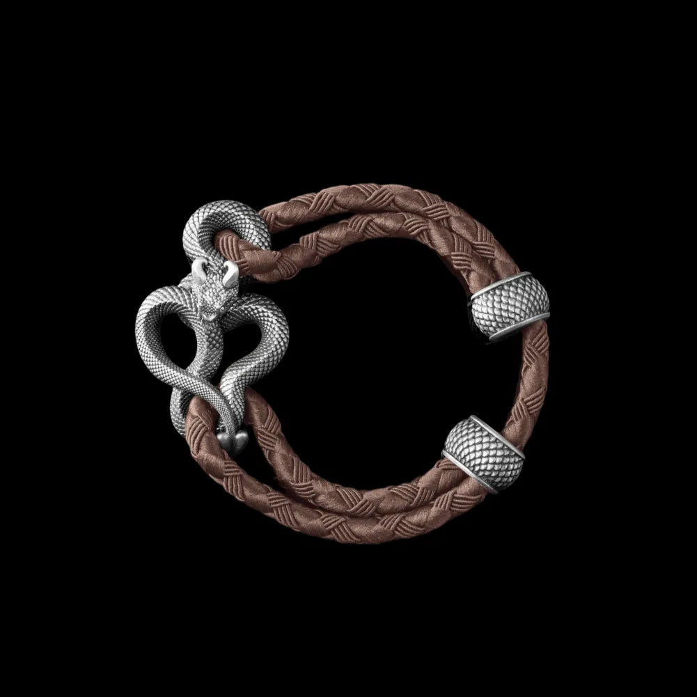 Demon Serpent Rope Bracelet Oxidized Silver 4mm Braided Rope Dark Brown Black Background