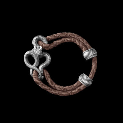 Demon Serpent Rope Bracelet Oxidized Silver 4mm Braided Rope Dark Brown Black Background