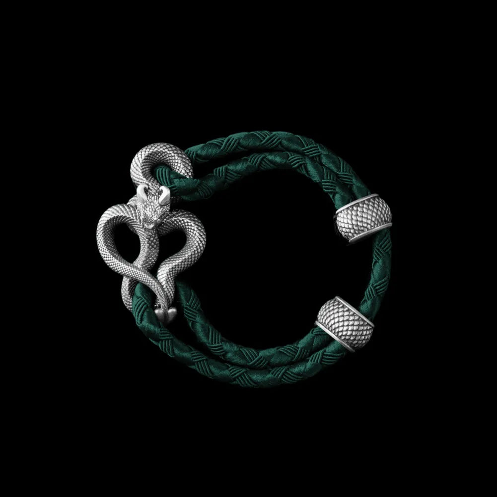 Demon Serpent Rope Bracelet Oxidized Silver 4mm Braided Rope Dark Green Black Background