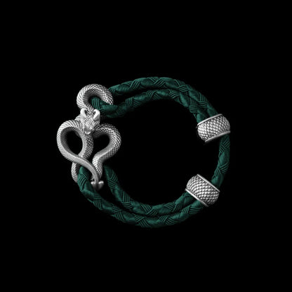 Demon Serpent Rope Bracelet Oxidized Silver 4mm Braided Rope Dark Green Black Background