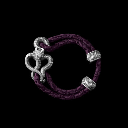 Demon Serpent Rope Bracelet Oxidized Silver 4mm Braided Rope Dark Purple Black Background