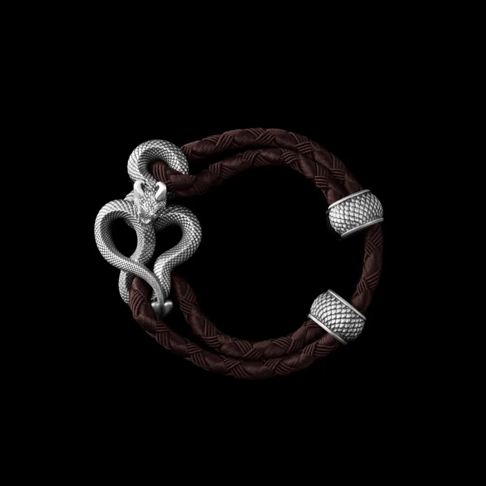 Demon Serpent Rope Bracelet Oxidized Silver 4mm Braided Rope Deep Coffee Black Background