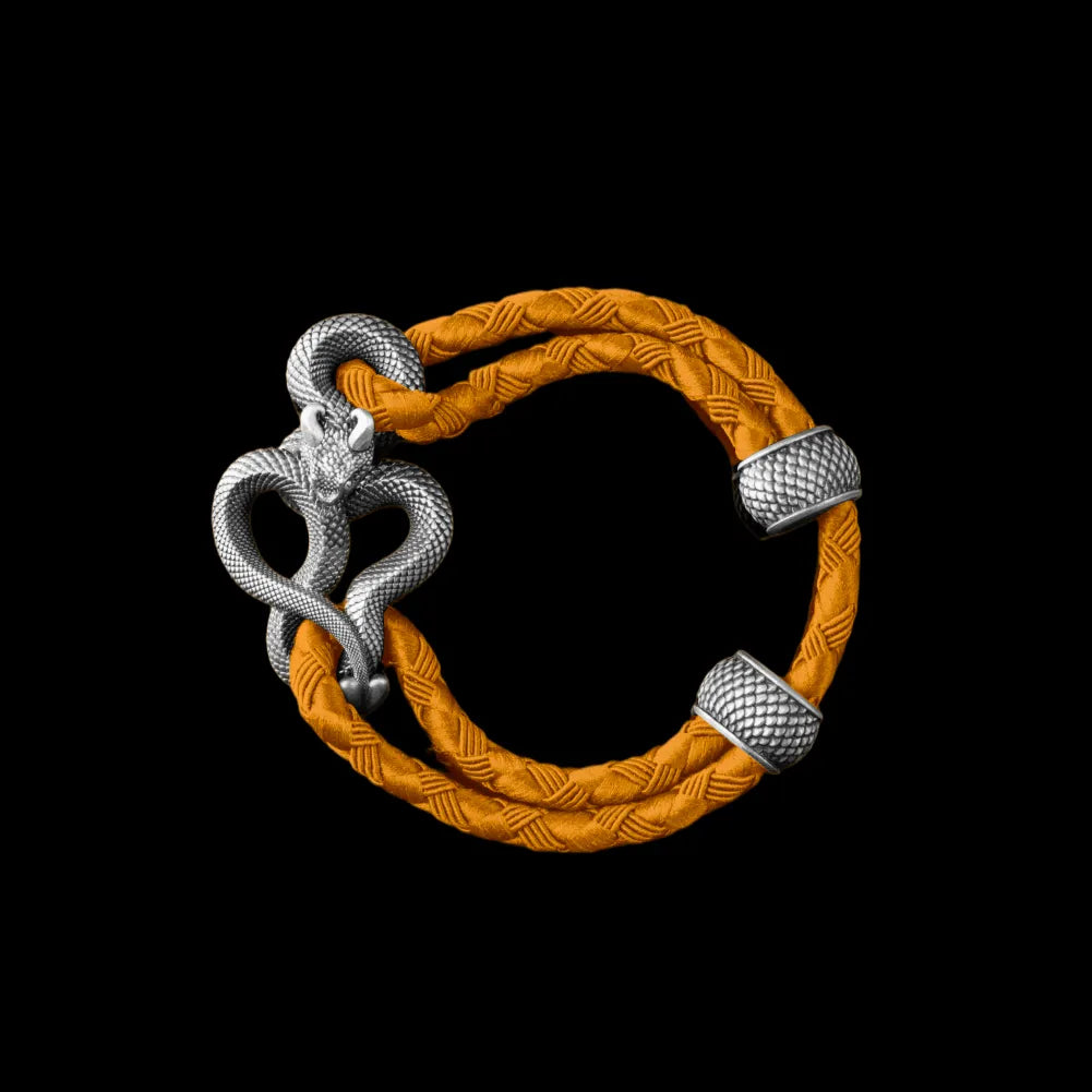 Demon Serpent Rope Bracelet Oxidized Silver 4mm Braided Rope Gold Black Background