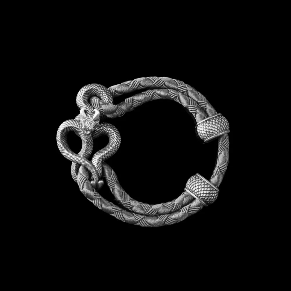 Demon Serpent Rope Bracelet Oxidized Silver 4mm Braided Rope Gray Black Background