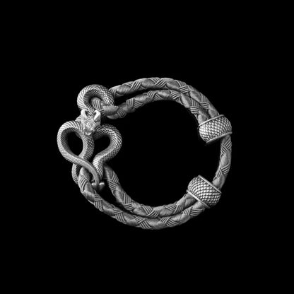 Demon Serpent Rope Bracelet Oxidized Silver 4mm Braided Rope Gray Black Background