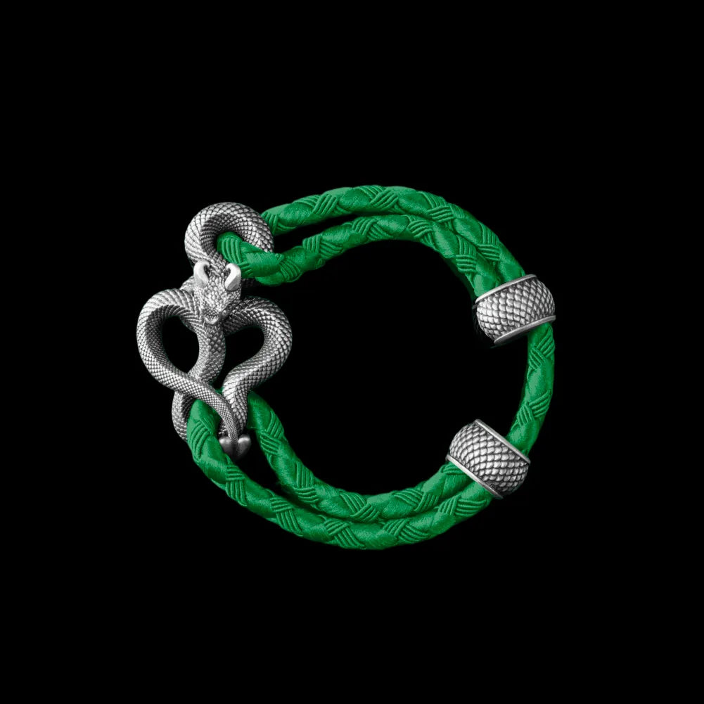Demon Serpent Rope Bracelet Oxidized Silver 4mm Braided Rope Green Black Background