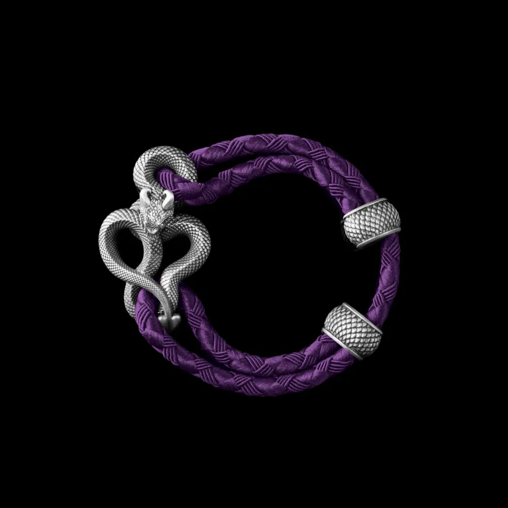 Demon Serpent Rope Bracelet Oxidized Silver 4mm Braided Rope Purple Black Background