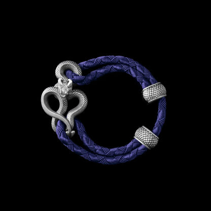 Demon Serpent Rope Bracelet Oxidized Silver 4mm Braided Rope Vivid Blue Black Background
