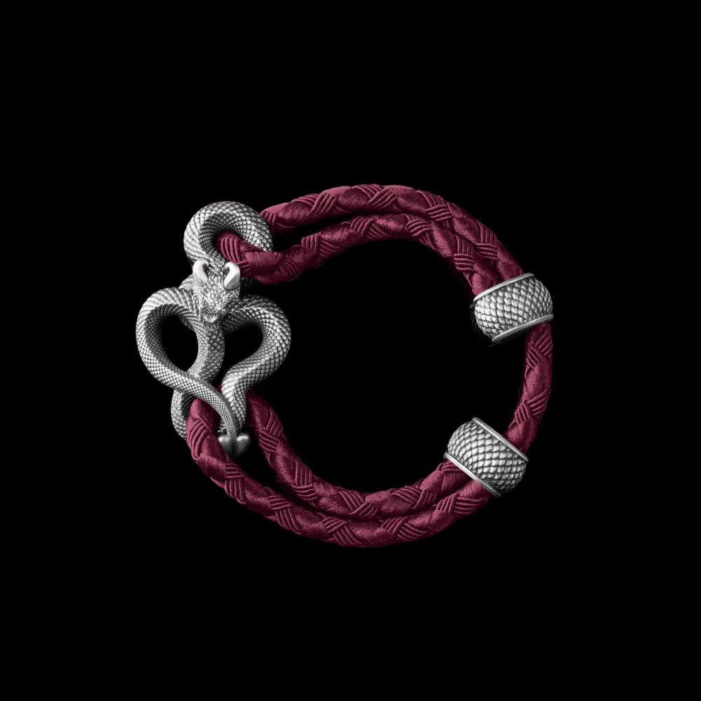 Demon Serpent Rope Bracelet Oxidized Silver 4mm Braided Rope Wine Red Black Background