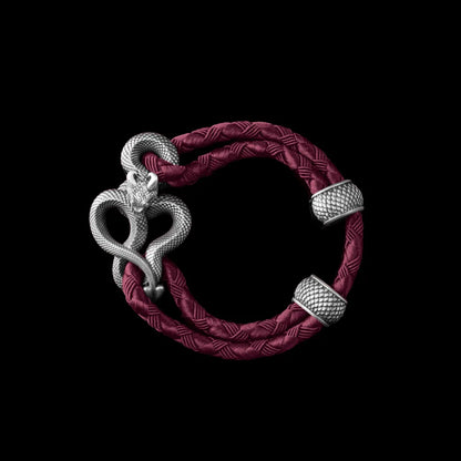Demon Serpent Rope Bracelet Oxidized Silver 4mm Braided Rope Wine Red Black Background