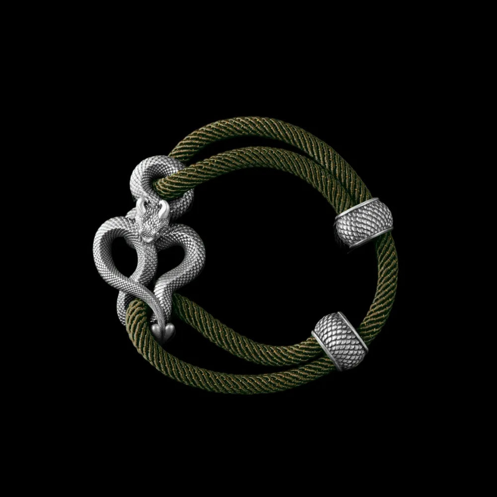 Demon Serpent Rope Bracelet Oxidized Silver 4mm Milan Rope Army Green Black Background