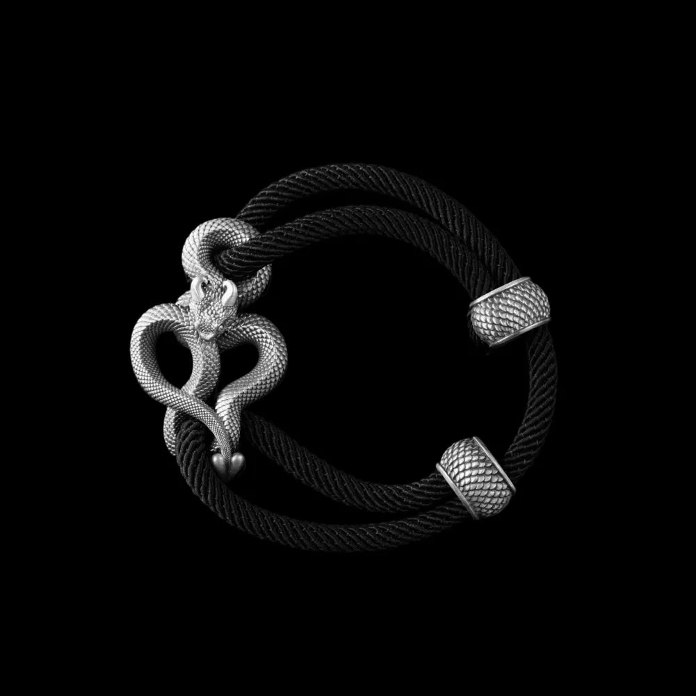 Demon Serpent Rope Bracelet Oxidized Silver 4mm Milan Rope Black Black Background