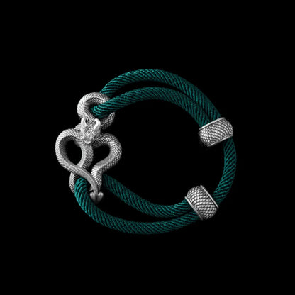 Demon Serpent Rope Bracelet Oxidized Silver 4mm Milan Rope Dark Green Black Background